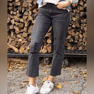 GRACE AND LACE MEL'S FAVE DISTRESSED STRAIGHT LEG CROPPED DENIM WASHED BLACK 14